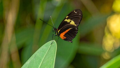 Obraz premium A vibrant butterfly, showcasing striking black, orange, and yellow hues, rests gracefully on a lush green leaf, bathed in soft, natural light.