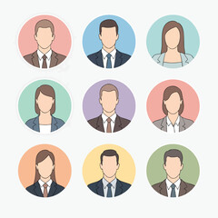 A collection of nine flat design business people avatar icons in colorful circles.