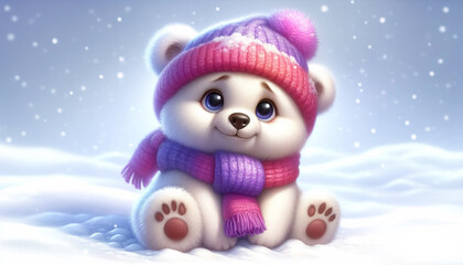Cute 3D adorable cartoon bear in a snowy landscape