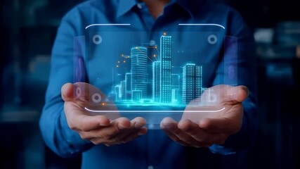 Hands holding futuristic holographic display of city skyline with glowing blue wireframe buildings. Transparent interface with digital urban landscape emerging between palms - Powered by Adobe