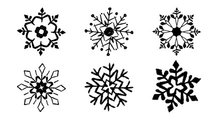 Set of cute black Xmas snowflakes drawn in pastel, crayon, chalk and charcoal textures. A holiday collection for kids featuring frozen, grunge style Christmas crystal squiggle art. Vector illustration