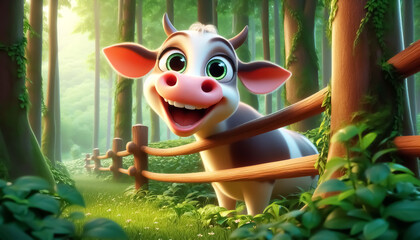 Happy cow cartoon on a wooden fence