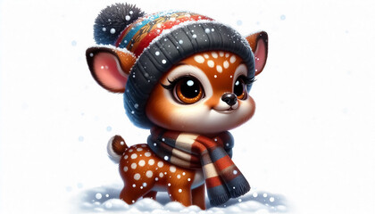 Funny 3D cartoon of a deer in a snowy landscape