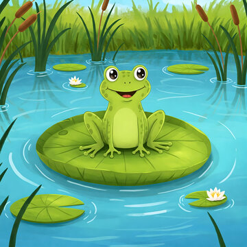 Smiling Green Frog on a Lily Pad on the pond