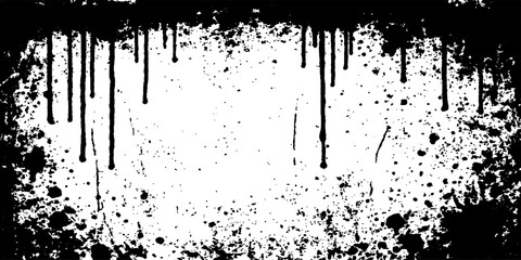 Grunge black background with abstract ink splats, paint drips, and brush strokes creating a dirty texture