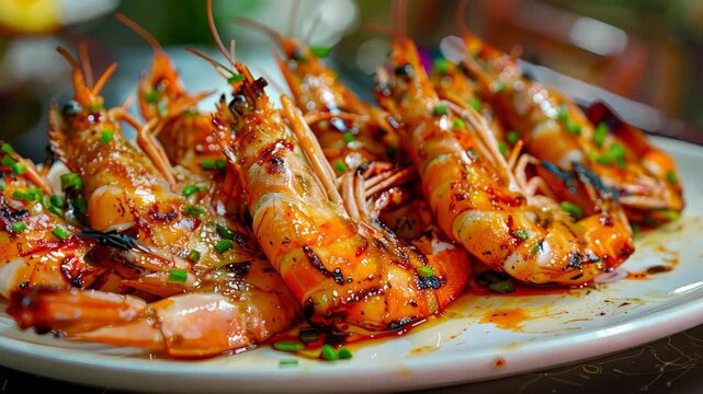 grilled shrimp fried on a plate. Selective focus. food.