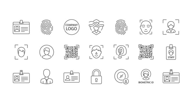 Streamlined security icons for modern authentication, featuring biometric IDs, QR codes, and facial recognition, ideal for tech startups and innovative firms