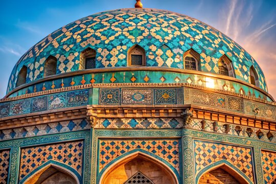 The dome of the tomb of bibi jawindi in uch sharif, punjab, pakistan, showcasing intricate blue tile work and architectural details under a clear sky