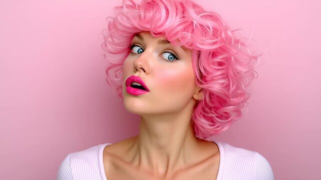 Vibrant woman with pink curly hair and bold makeup transitions through expressive poses against a soft pink background, showcasing a dynamic sequence of emotion and style in a captivating visual narra