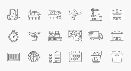 Streamline your supply chain with these modern logistics icons, perfect for presentations, websites, and apps emphasizing delivery and efficiency