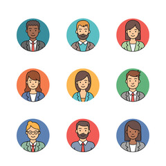 A diverse collection of business people avatar icons in a modern flat line art style.