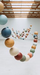 Colorful spherical objects arranged in a flowing design against a bright backdrop, creating a whimsical and airy feel.