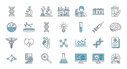 Modern science and medicine icons collection for healthcare professionals and biotech companies needing clean visual representations of research and innovation