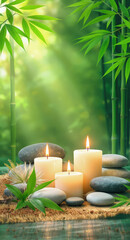 Serene spa scene with lit candles, smooth stones, bamboo, green leaves, relaxing atmosphere