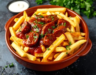 Bowl of French fries topped with beef stew and parsley