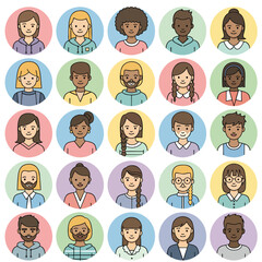 A diverse collection of cartoon people avatars and user profile icons in colorful circular frames.