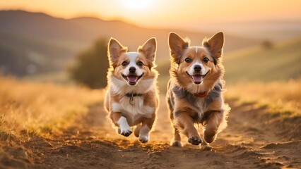 Happy Corgis Running Outdoors at Sunset.