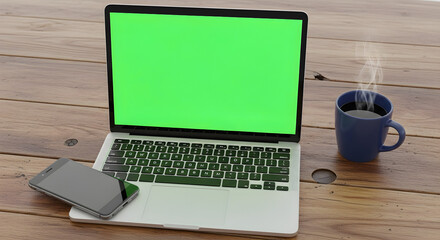 Laptop with green screen, smartphone, and coffee mug on a wooden table.