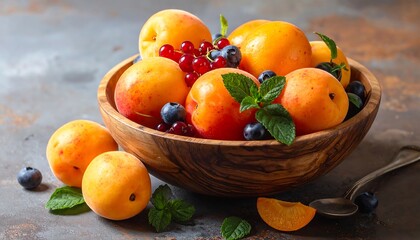 Bowl of fresh apricots, blueberries, and red currants