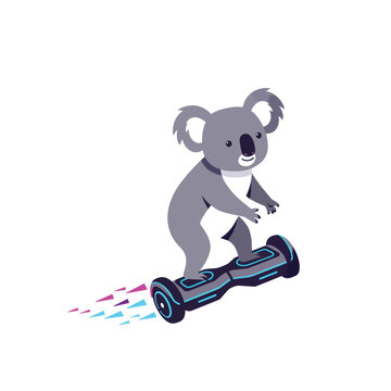 Cute Koala Riding a Hoverboard with Colorful Motion Trails.
