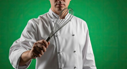 Chef Holding Whisk Against Vibrant Green Background, Close-Up