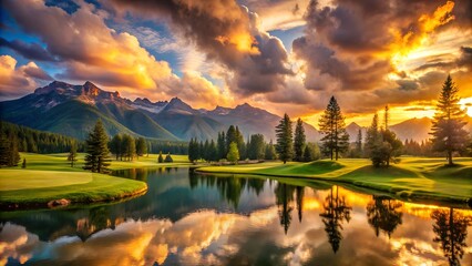 Fototapeta premium Scenic view of a tranquil lake reflecting the surrounding mountains and trees at sunset, creating a serene and picturesque landscape in nature
