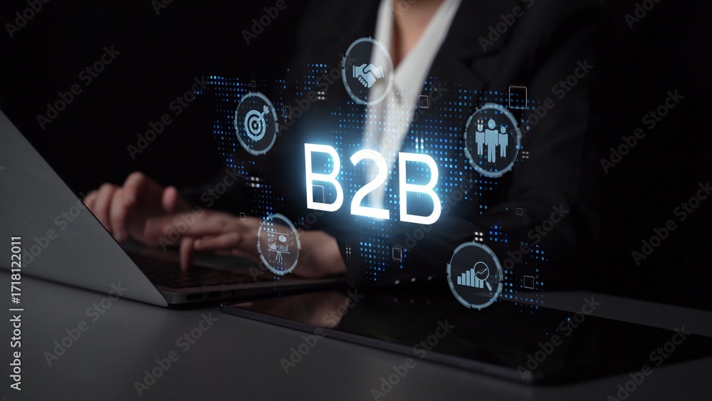 Poster b2b strategy and technology transforming business-to-business operations, optimizing communication, 