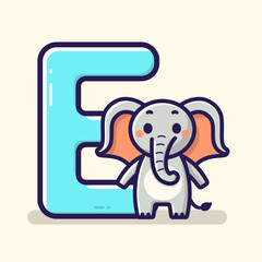 E for Elephant. Adorable baby elephant illustration, cute cartoon character, and the letter E