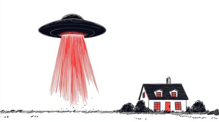 An imaginative scene depicting a UFO beaming light down onto a charming house, blending fantasy with everyday life.