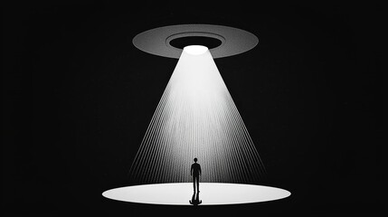 A surreal scene depicting an individual standing under a beam from an unidentified flying object in a dark setting.