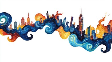 A vibrant watercolor skyline showcasing iconic buildings and swirling colors, representing a dynamic cityscape.