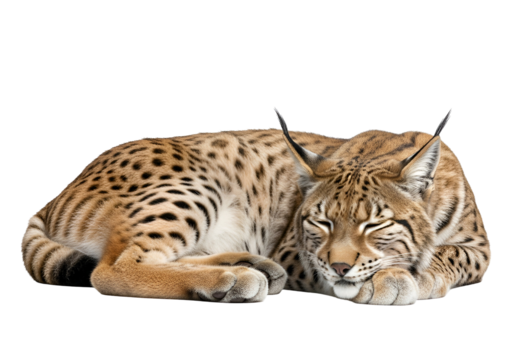 A lynx rests serenely on a black backdrop, showcasing its spotted coat and tranquil posture.