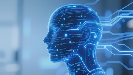 Digital human head with circuitry and data streams, representing artificial intelligence and neural networks