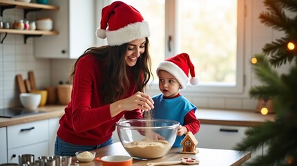 A woman and a child in Santa hats bake in a Christmas decorated kitchen.