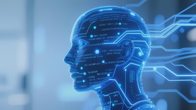 Digital human head with circuitry and data streams, representing artificial intelligence and neural networks