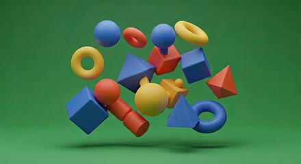 Colorful Geometric Forms in Mid-Air on a Green Background