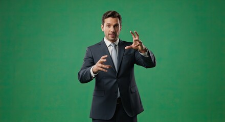 Confident Businessman Gesturing with Hands on Green Backdrop, Portrait Shot.