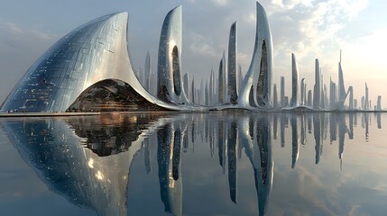 Innovative futuristic city design with tall buildings high resolution picture