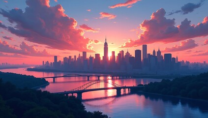 Naklejka premium A city skyline at sunset, with a river, bridges, and pink clouds.