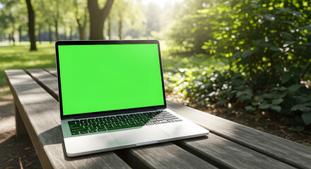 Laptop with a green screen on a wooden park bench under bright sunlight, surrounded by nature and trees.