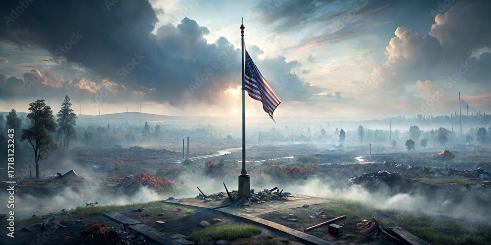 Poster A powerful flag waves proudly in a calm landscape filled with trees and hills. The soft light of dawn casts a peaceful glow over the scene, creating a serene atmosphere