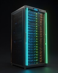 Futuristic server rack with glowing cyan and green LED lights isolated on a black background.
