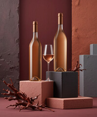 Ultra-realistic cinematic still life featuring golden wine, elegant bottles, minimalist blocks, and avant-garde artistic flourish