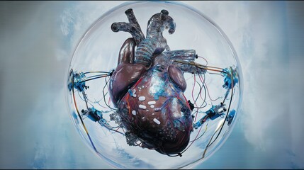 The human heart that is made of flesh and looks real but fused and hybrid with mecha and wires and cables that is connected with eurorack buchla moog modular