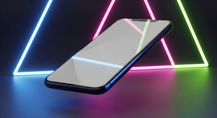 A sleek smartphone with a reflective screen is positioned against a backdrop of neon triangles.