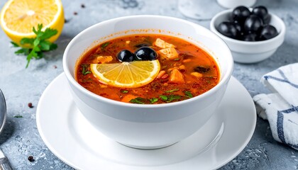 Bowl of hearty soup garnished with lemon and olives