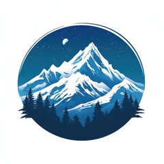 Majestic snow-capped mountain range under starry night sky with silhouettes of evergreen trees