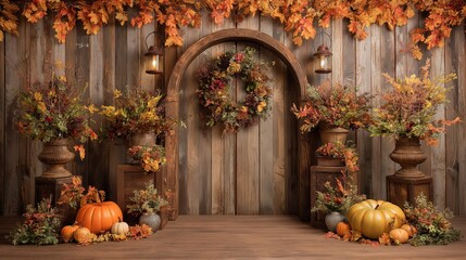 A cozy autumn-themed scene featuring a rustic wooden backdrop with vertical planks, adorned with a tall circular wooden arch in the center. 