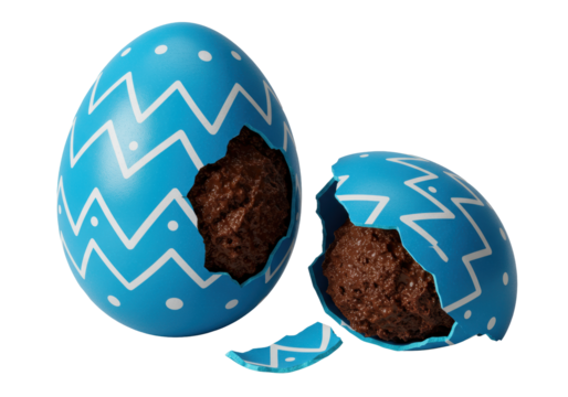 Vibrant high-sheen bright blue easter egg with white zigzag pattern, dramatically cracked open revealing rich dark chocolate, isolated on transparent, extreme close-up macro product detail concept - Powered by Adobe