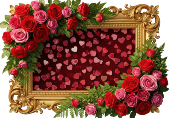 Ornate golden frame overflowing with red and pink roses isolated on transparent background